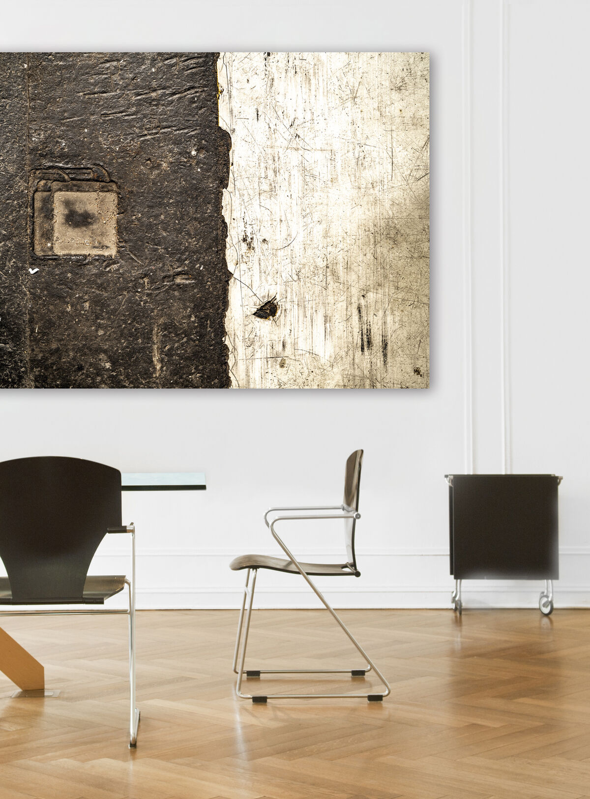 Frameless Picture rahmenloses Akustikbild mit bedrucktem abstraktem Struktur-Motiv in Schwarz und Beige als Schallschutz im Büro