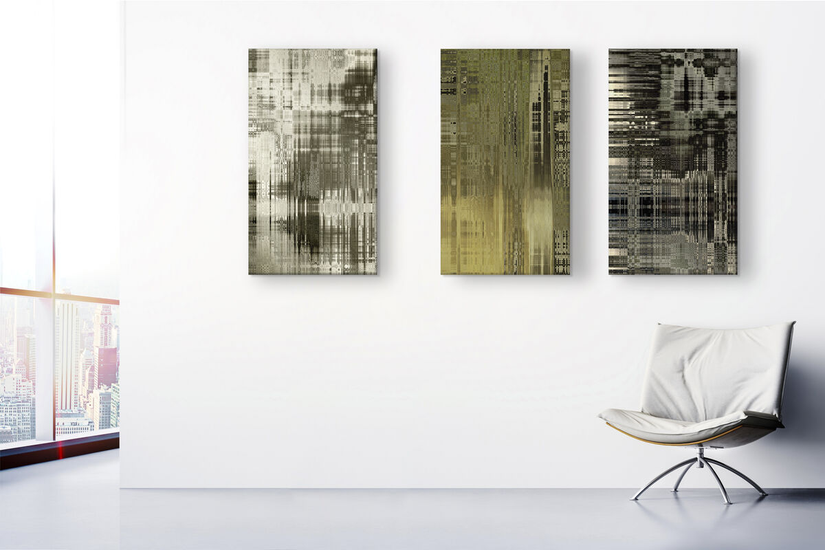 Frameless Picture dreiteiliges rahmenloses Akustikbild mit abstraktem Motiv als bedruckter Schallschutz neben einem Loungesessel im Büro