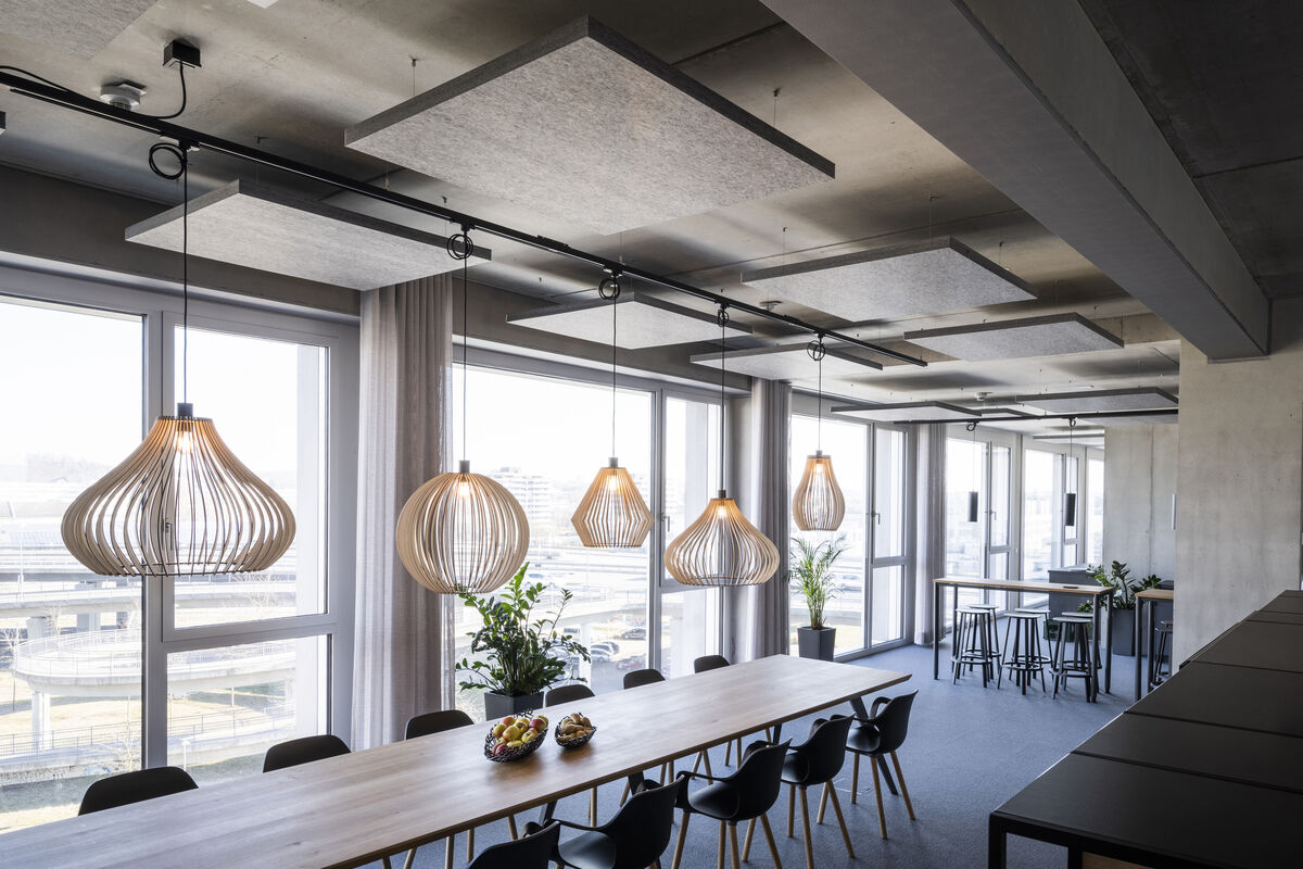 Frameless Sky runde graue Akustik-Deckensegel mit integrierten Leuchten als abgependelter Schallabsorber vor hoher Fensterfront