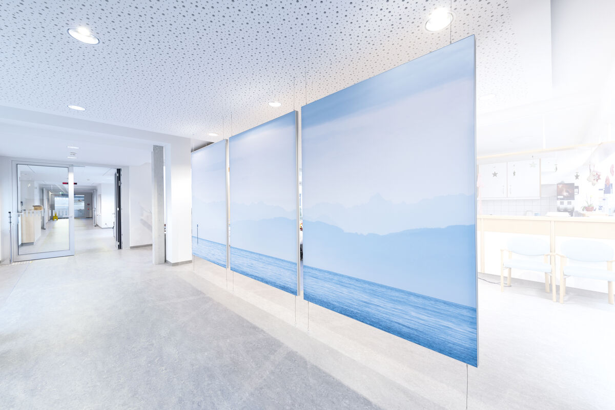 Alu Line Sky mehrteilige abgehängte Akustikpaneele mit bedrucktem Bergsee-Motiv als Schallschutz im Flur einer Praxis